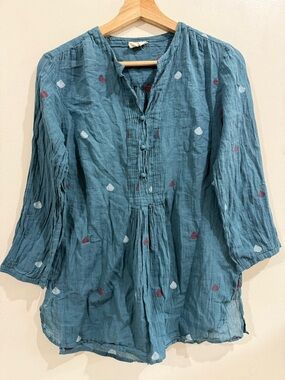Anokhi Teal Gauze Pintuck Peasant Blouse with Dot Motif